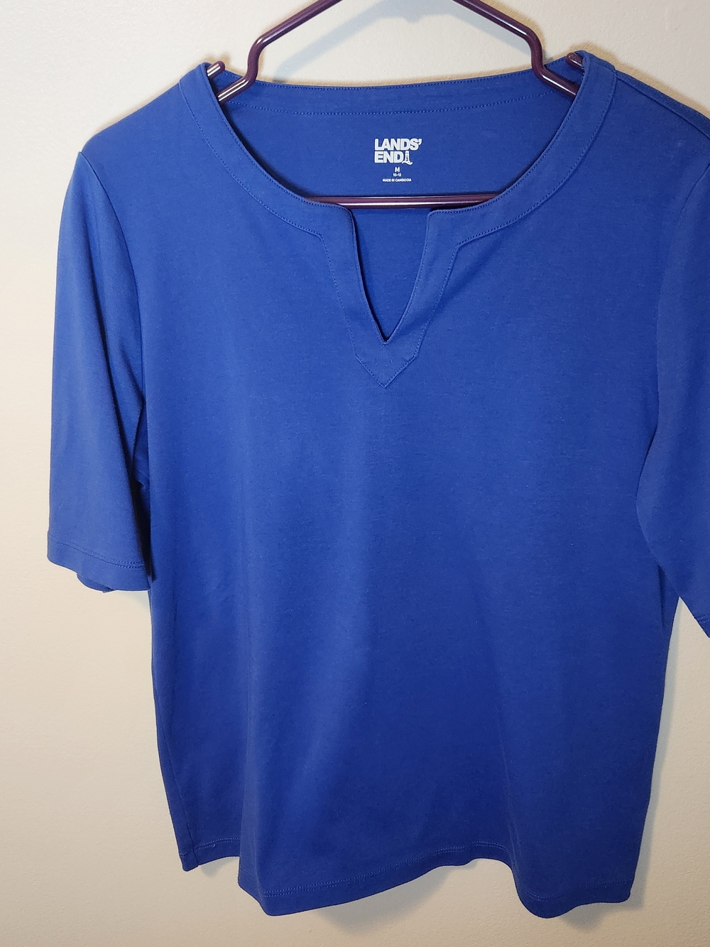 Lands' End Womens Half Sleeve Split Neck Tee in Cobalt Blue Sz M